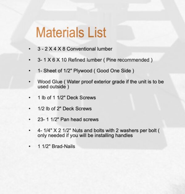 Job site toolbox plan materials list.